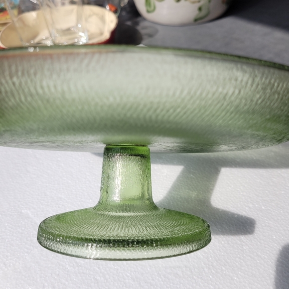 Vintage Avocado Green Textured Glass Cake Stand Mid Century - Picture 7 of 8